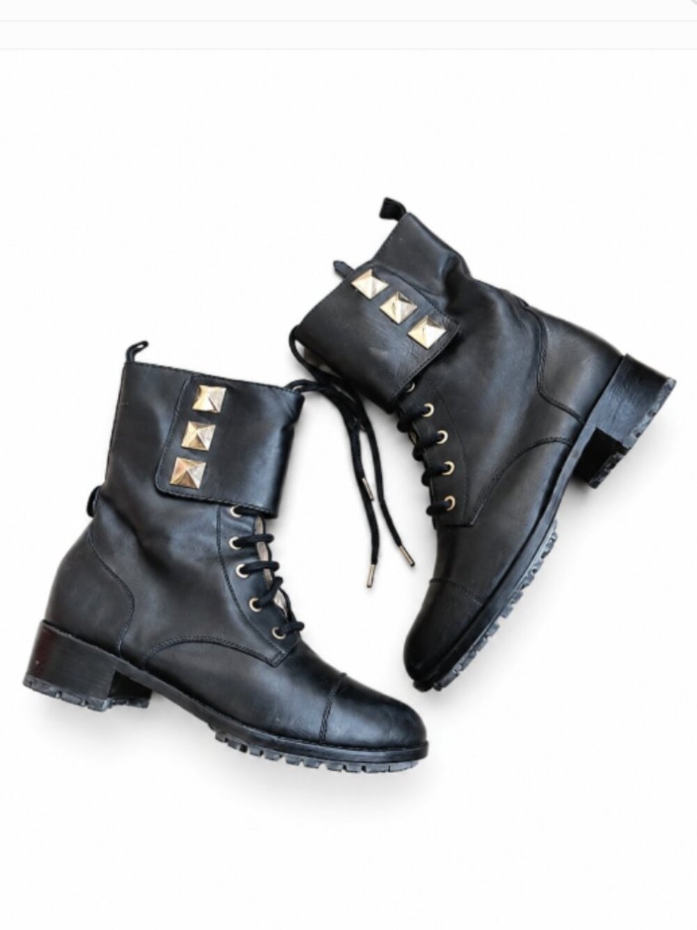 Valentino Rockstud Combat Boots Sz 8 Black Leather Studded Goth Punk Rocker Edgy